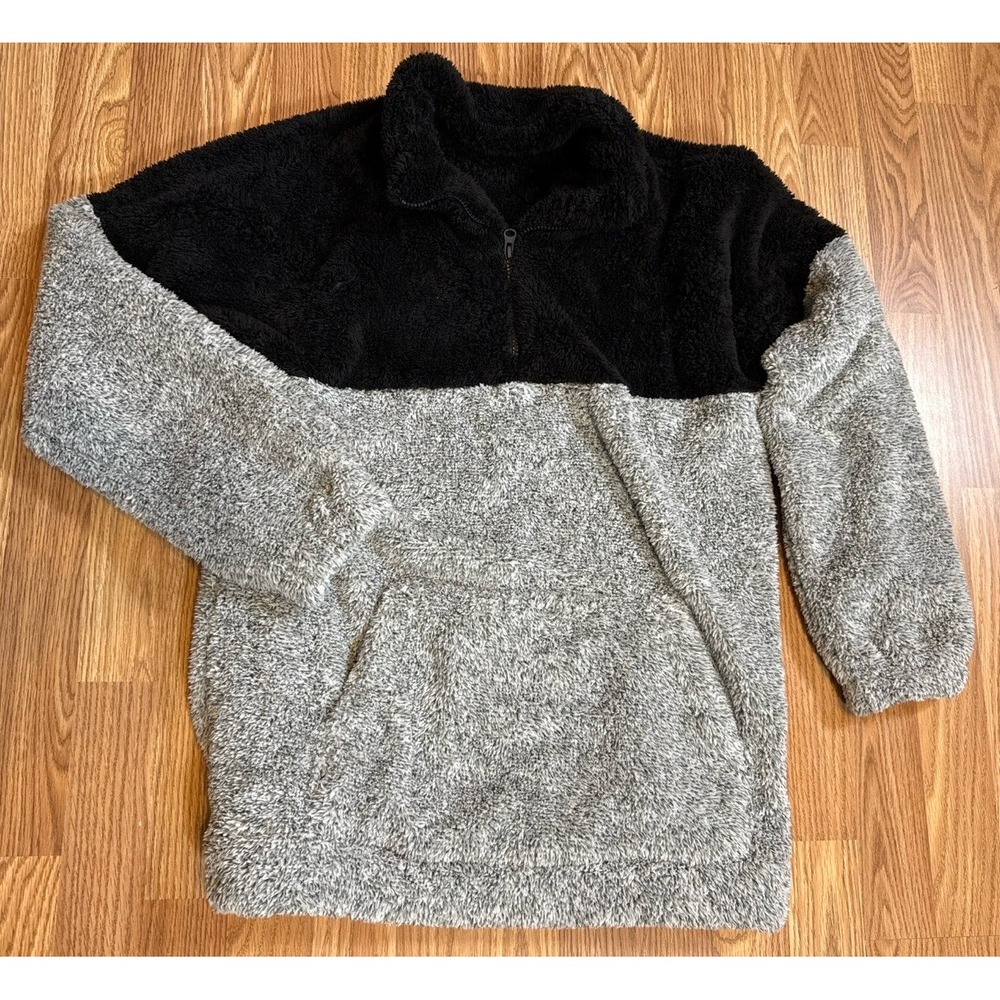 Zenana Sherpa Fleece Pullover Large 1/4 Zip Teddy Cozy Gray Black